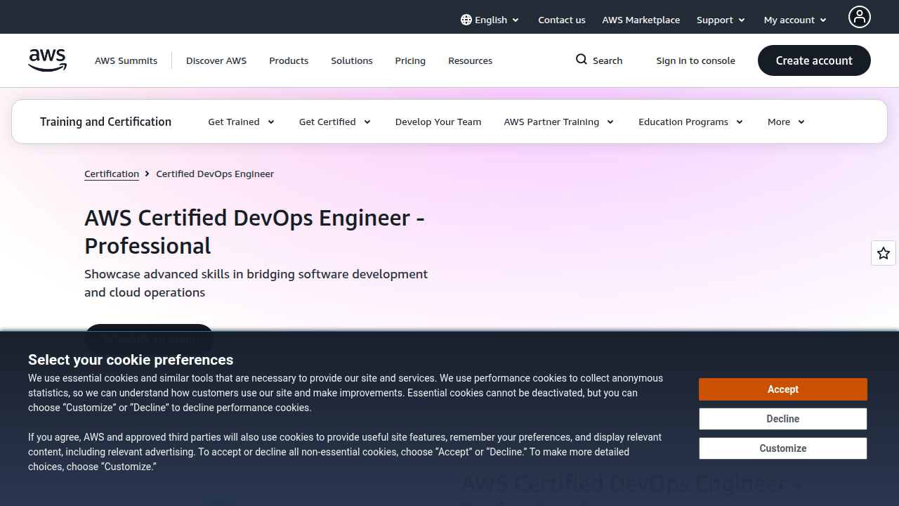 The official AWS Certification page provides details on the DevOps Engineer Professional exam, including prerequisites and costs.