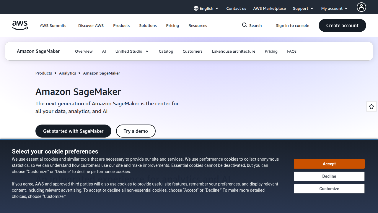 The official Amazon SageMaker service page highlighting its capabilities.
