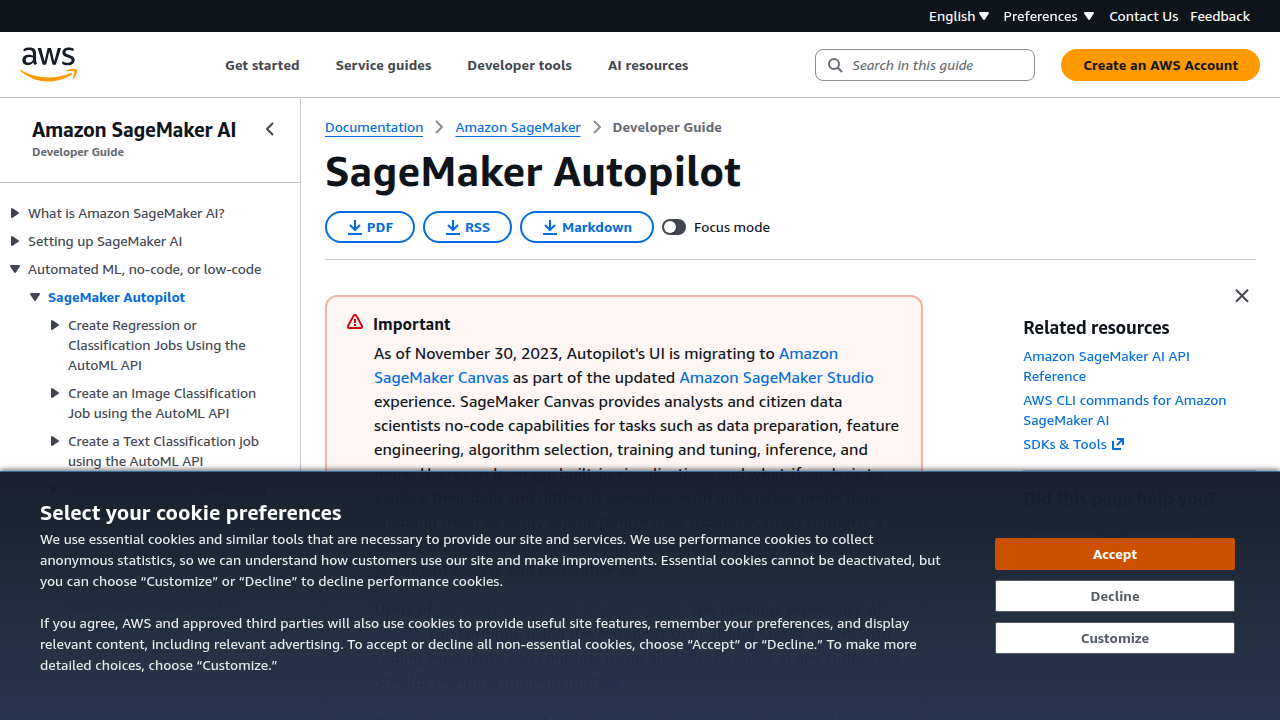 Official AWS documentation for SageMaker Autopilot, detailing its automated ML capabilities.