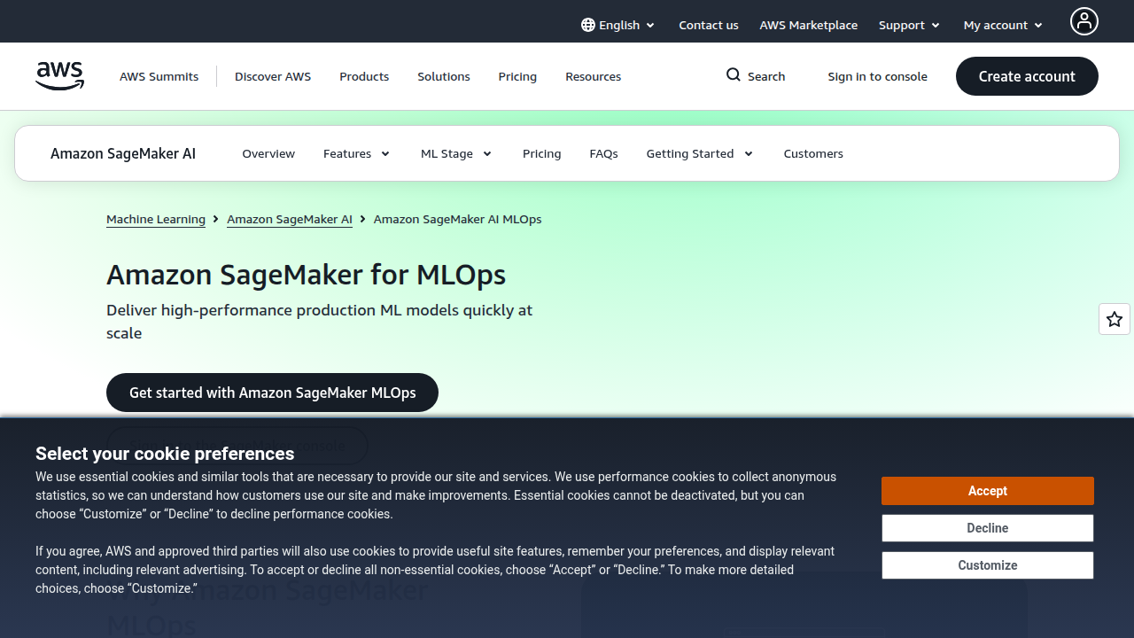 The official AWS page detailing MLOps solutions with SageMaker.