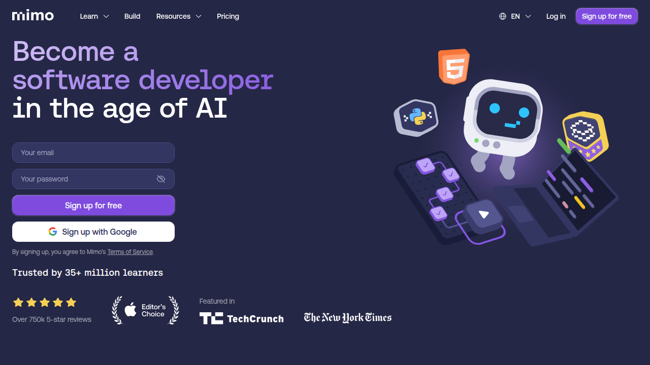 A visual representation of Mimo, a highly-rated platform for web development courses.