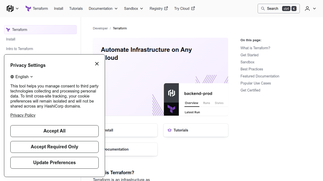 A screenshot of the Terraform website homepage, showcasing a leading Infrastructure as Code platform.