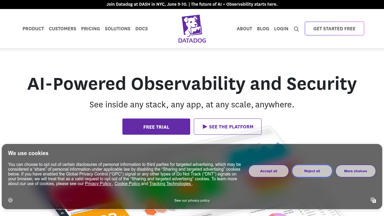 A screenshot of the Datadog website homepage, illustrating a popular observability platform that leverages AI.