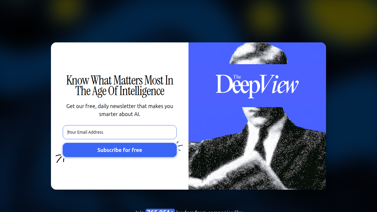 A screenshot of The Deep View Newsletter's subscription page, offering insights into tech trends.