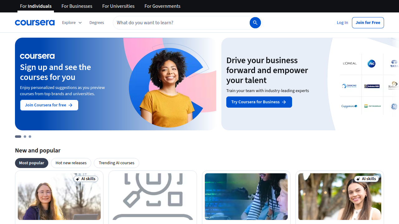 A view of the Coursera online learning platform, known for its university partnerships and wide range of courses.