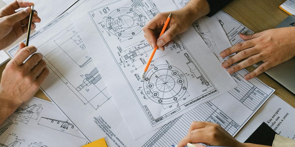 Engineers collaboratively reviewing technical documents, symbolizing the need to distinguish human-generated content from AI-generated content.