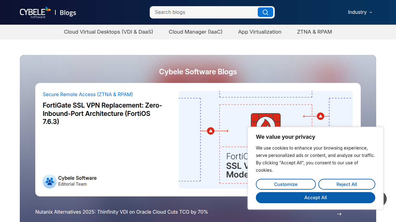 A screenshot of the CybeleSoft blog homepage, which discusses the impact of major AWS outages and alternative cloud solutions.