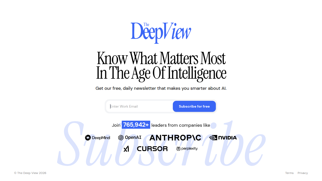 Screenshot of The Deep View newsletter's subscription page, highlighting its focus on daily AI and tech updates.