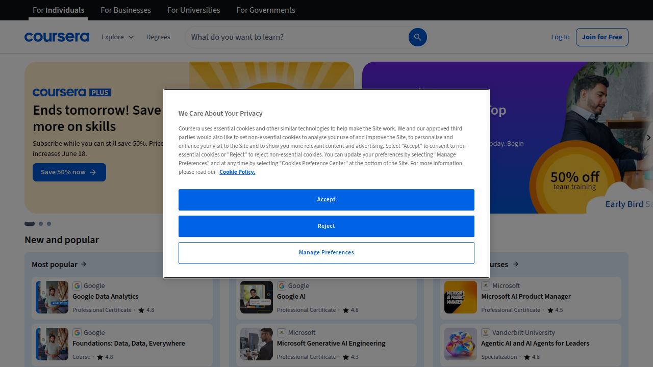 Screenshot of the Coursera homepage, a leading online learning platform offering courses and certifications for professional skill development.