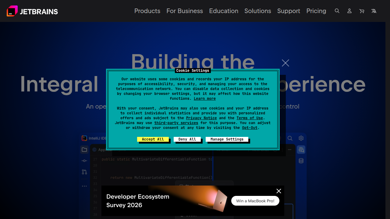 A screenshot of the JetBrains website, a prominent provider of developer tools and research.