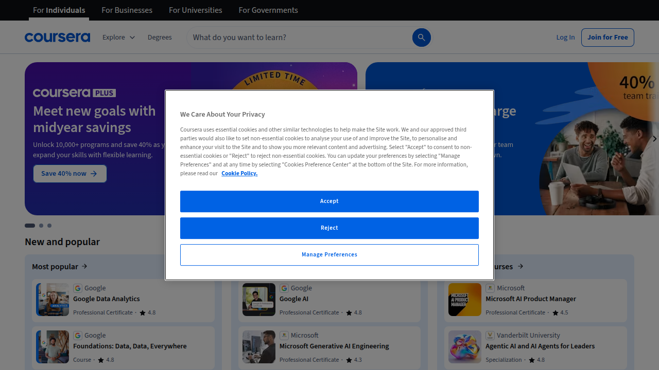 Explore diverse online courses from leading universities and companies on Coursera's platform.