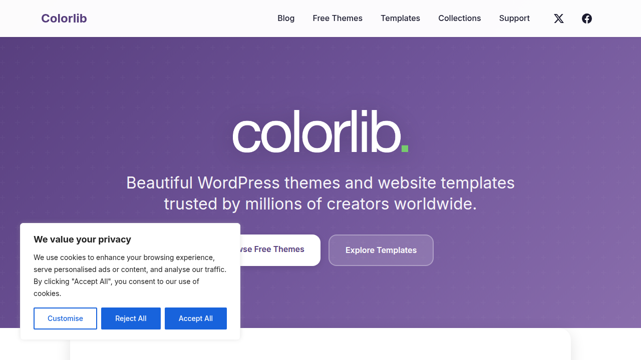 Colorlib's homepage, a platform offering resources and themes, cited for web performance statistics.