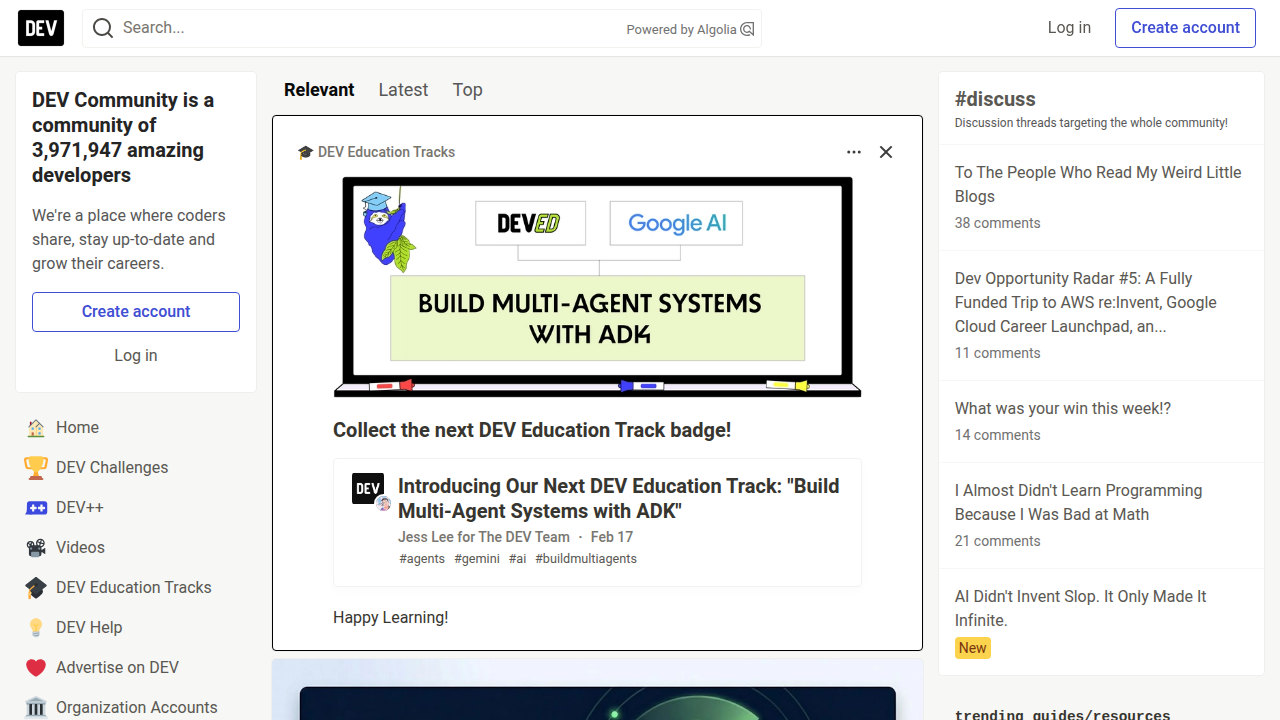 The Dev.to homepage, a popular community for developers, hosting articles on web frameworks.