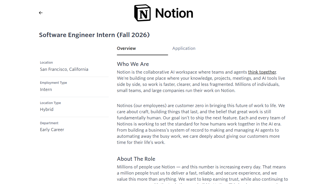 A direct view of Notion's official job posting, detailing compensation and program specifics for software engineering interns.