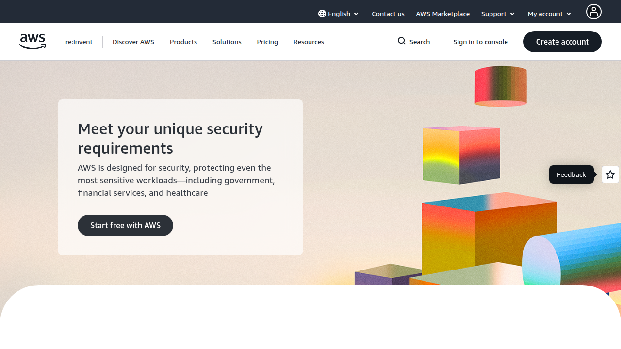 The homepage of Amazon Web Services (AWS), a leading cloud computing platform for diverse infrastructure needs.