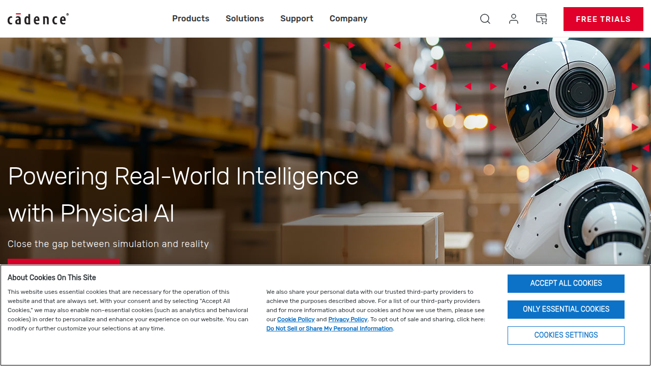 A screenshot of the Cadence Design Systems website, providers of high-end electronic design automation tools.