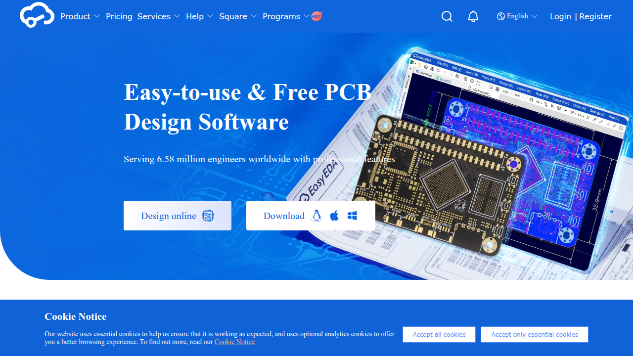 A screenshot of the EasyEDA website, a cloud-based PCB design tool with integrated component sourcing.