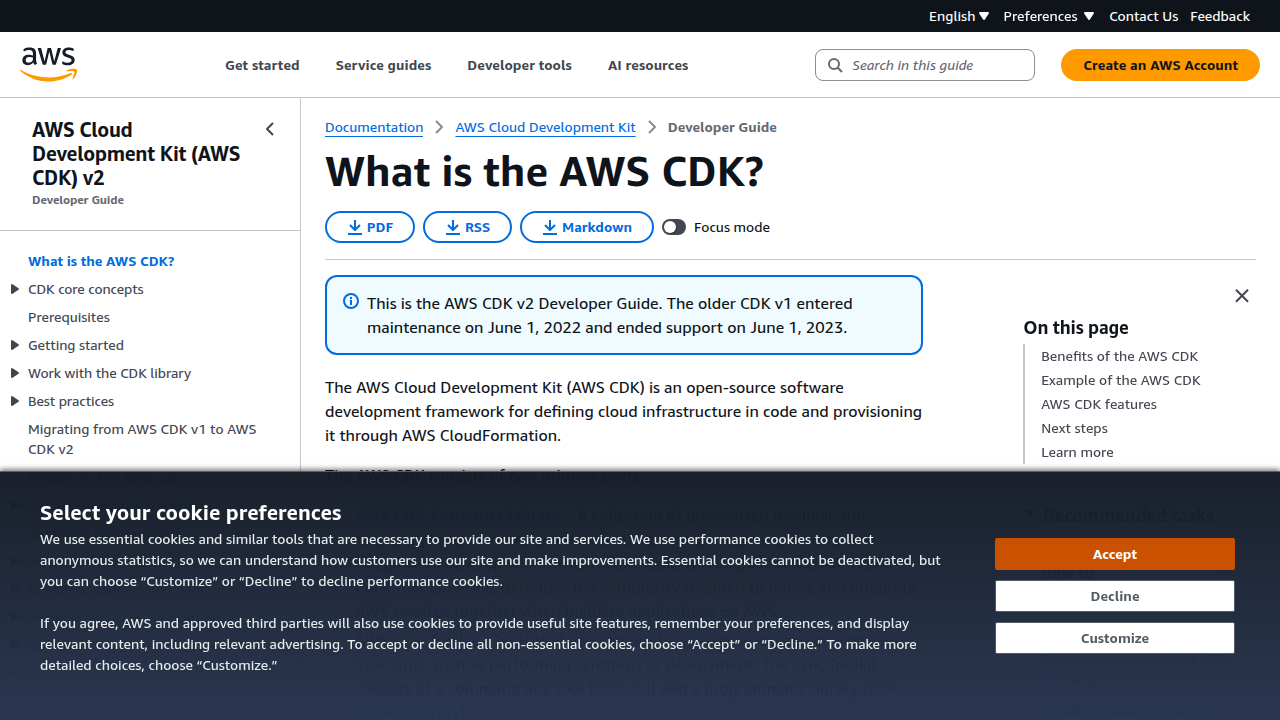 Screenshot of the official AWS CDK documentation, a primary resource for developers using Infrastructure as Code.