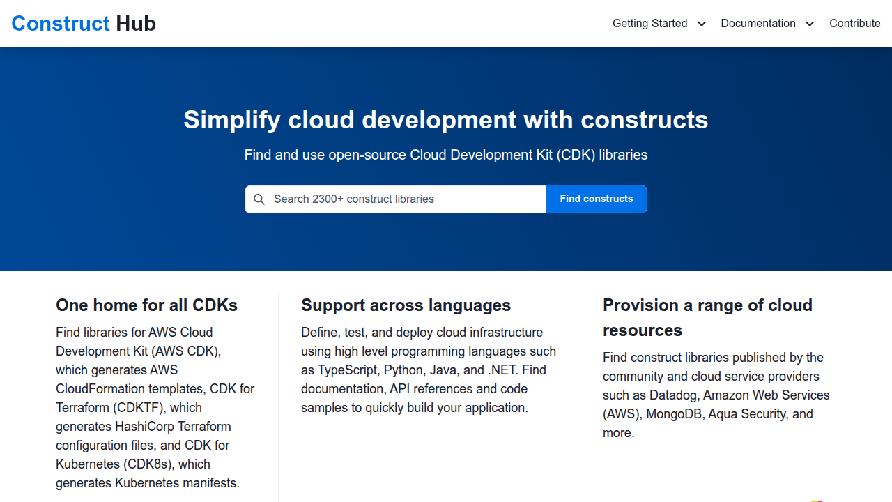 Screenshot of the Construct Hub, a central registry for discovering open-source AWS CDK constructs.