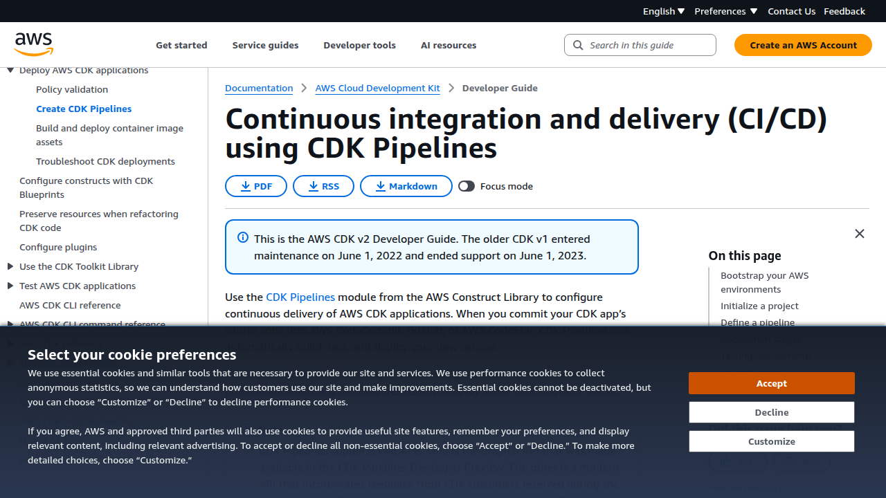 Screenshot of the AWS CDK Pipelines documentation page, detailing CI/CD integration.
