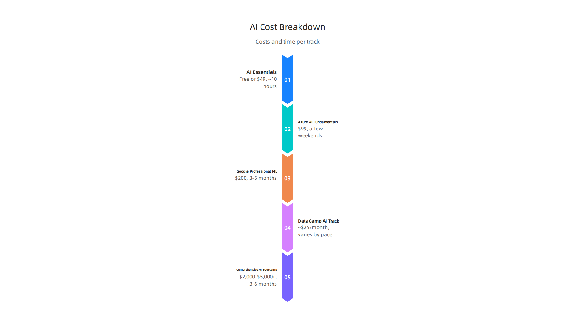 Breakdown of costs and time commitments for various AI certification tracks.