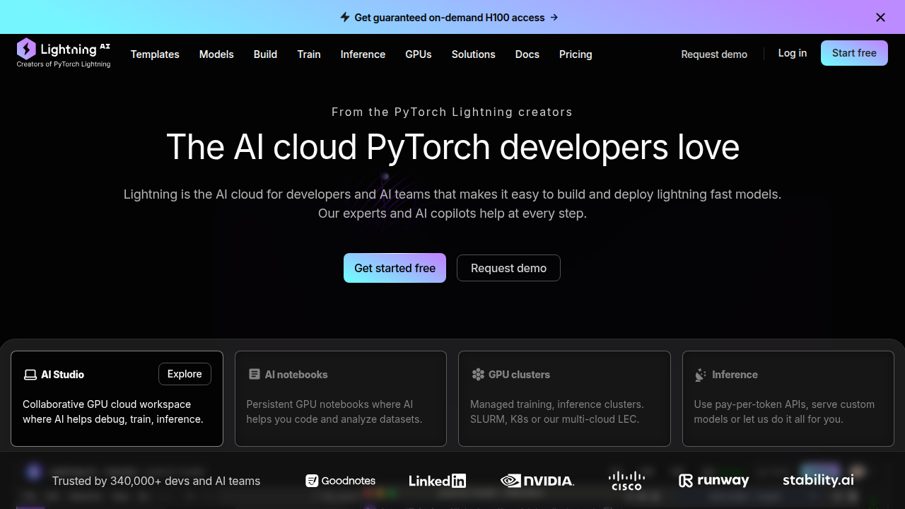 A screenshot of the Lightning AI homepage, showcasing their platform for building and deploying AI models.