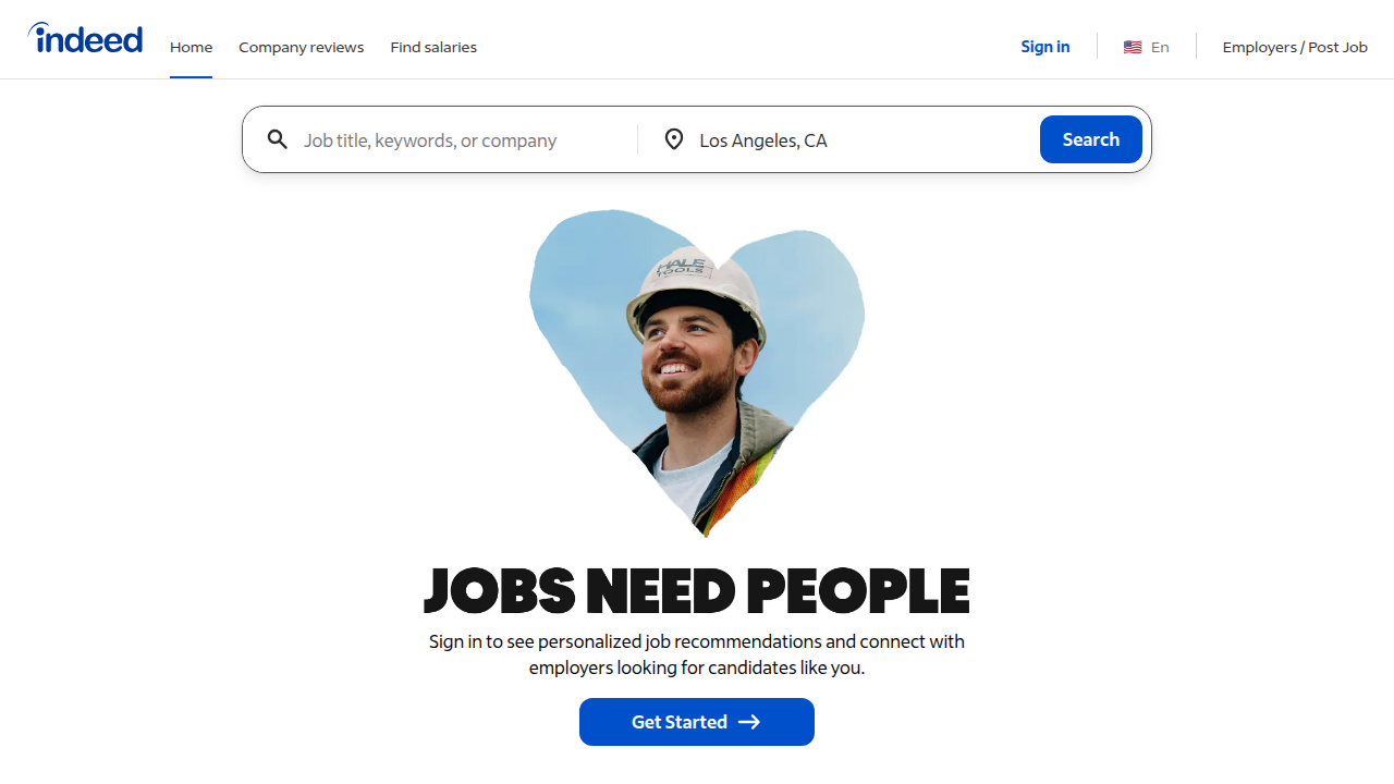 Screenshot of the Indeed.com homepage, a leading platform for job postings and career advice.