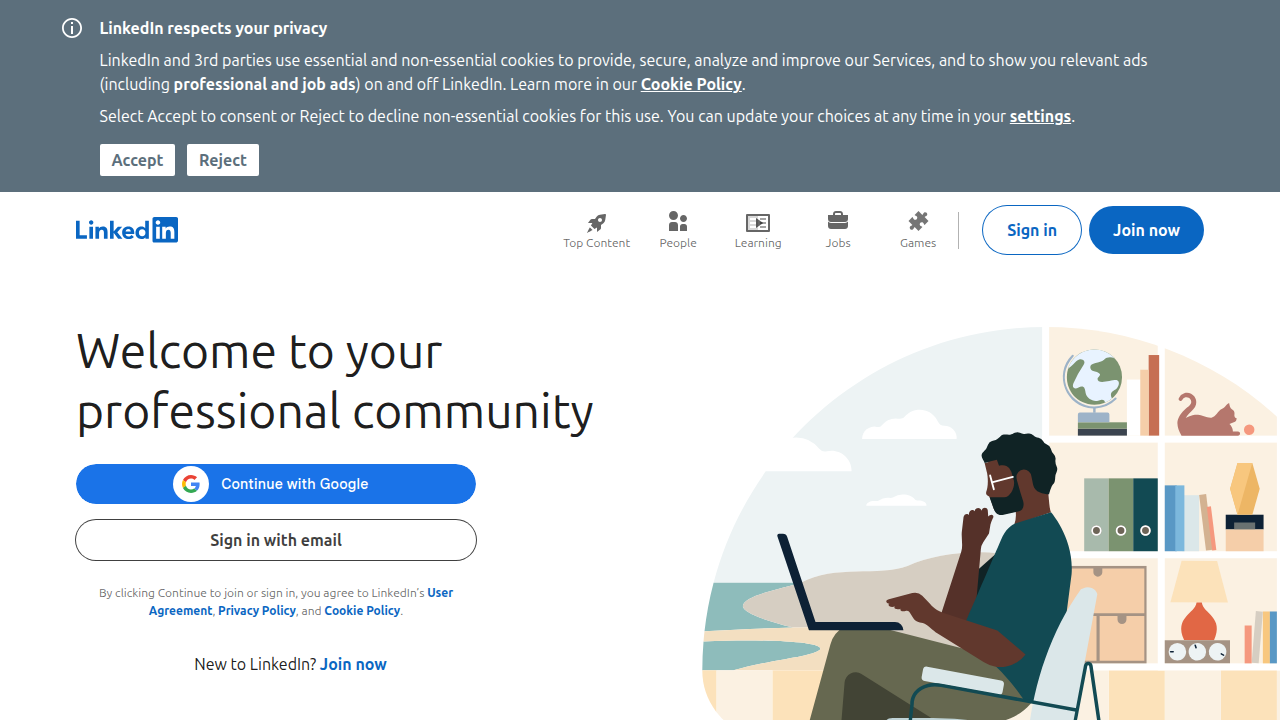 Screenshot of the LinkedIn homepage, a professional networking platform often used for career development and job searching.