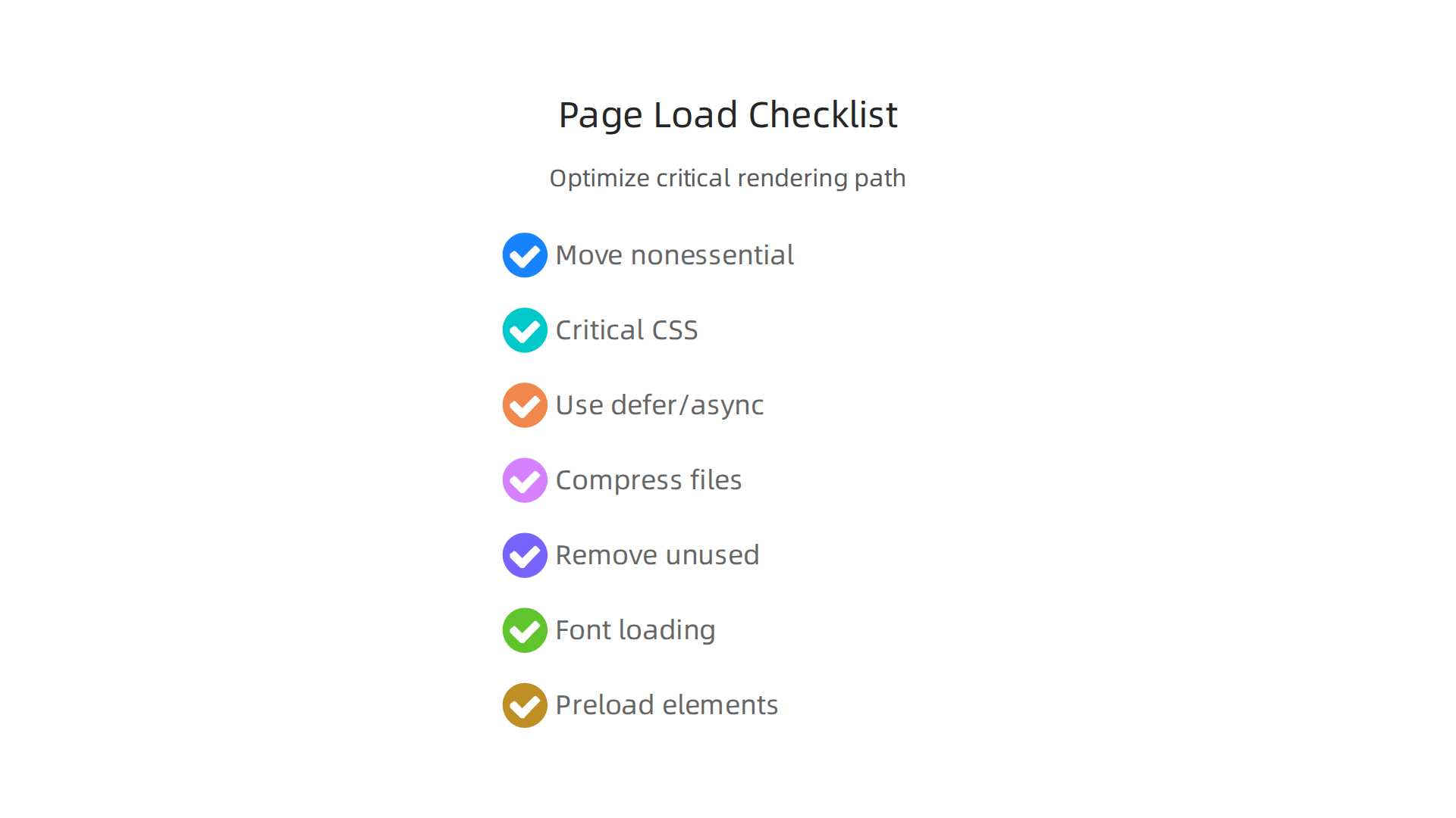 A checklist of strategies to optimize the critical rendering path and eliminate render-blocking resources for faster page loads.