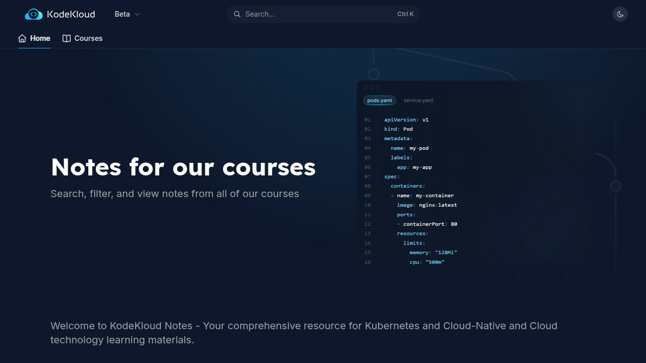 Screenshot of KodeKloud, an educational platform offering insights into core cloud services and computing fundamentals.
