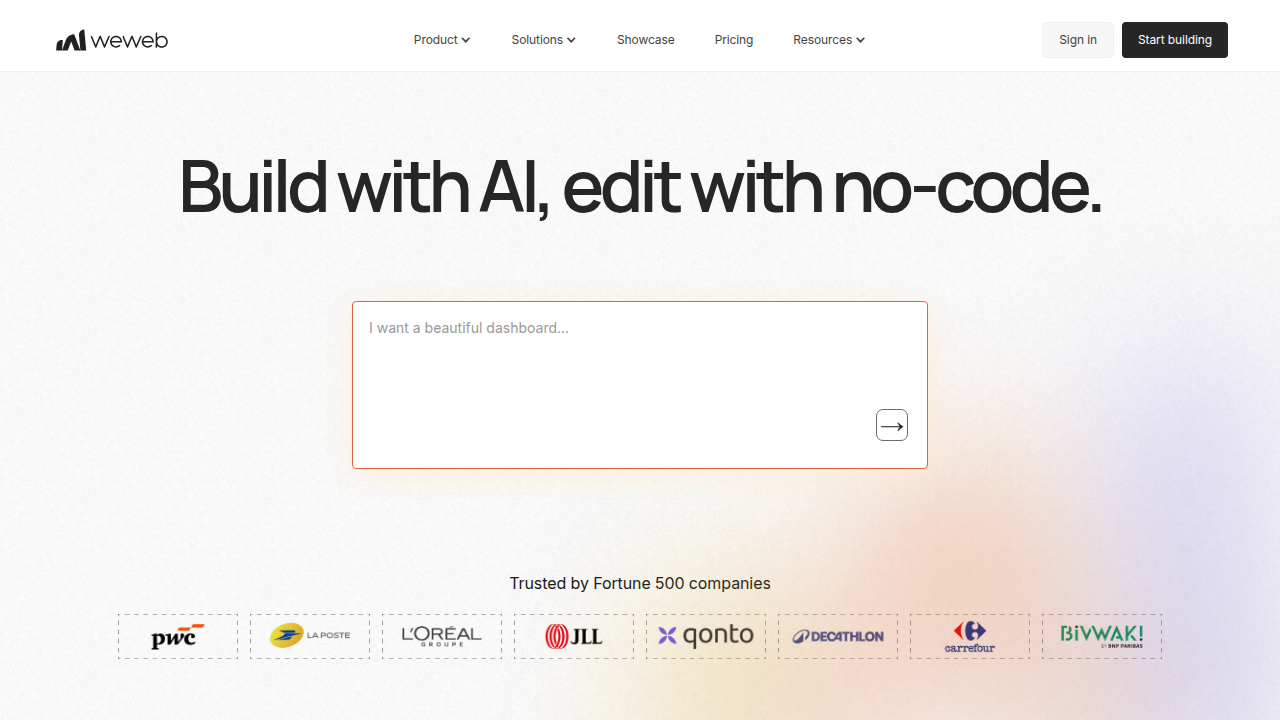 WeWeb's homepage, showcasing a no-code platform designed for quick application development using pre-built components.