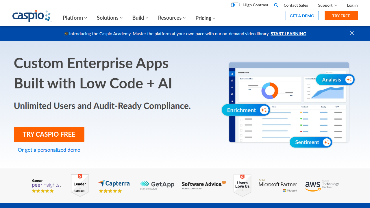 Caspio's homepage, representing a platform favored by citizen developers for creating rapid business solutions.