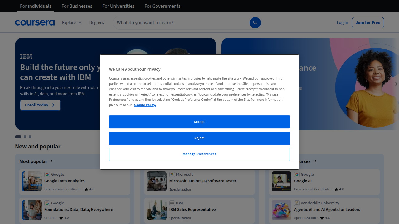 Screenshot of Coursera's coding courses section, a popular platform for online learning.