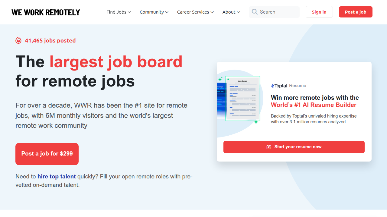 Screenshot of the We Work Remotely homepage, a leading platform for remote tech jobs.