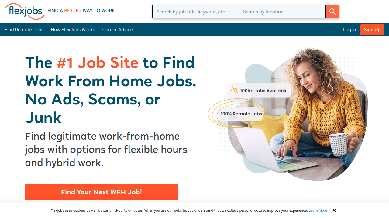 Screenshot of the FlexJobs homepage, known for curated remote and flexible job listings.