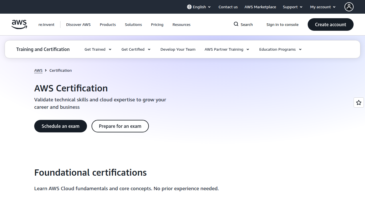 Screenshot of the AWS Certifications webpage, highlighting various cloud certification paths.