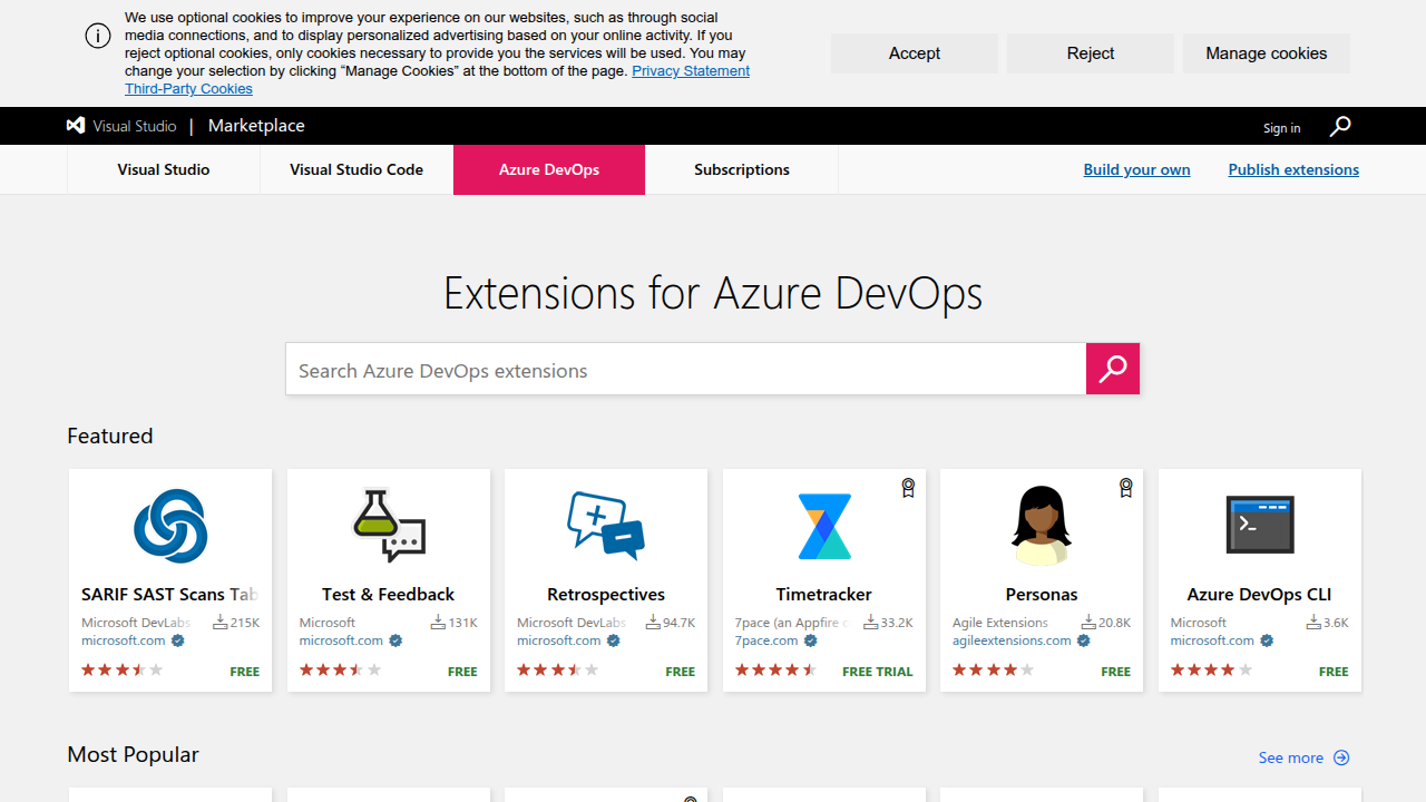 The official homepage of the Azure DevOps Marketplace, showcasing a wide array of available extensions.