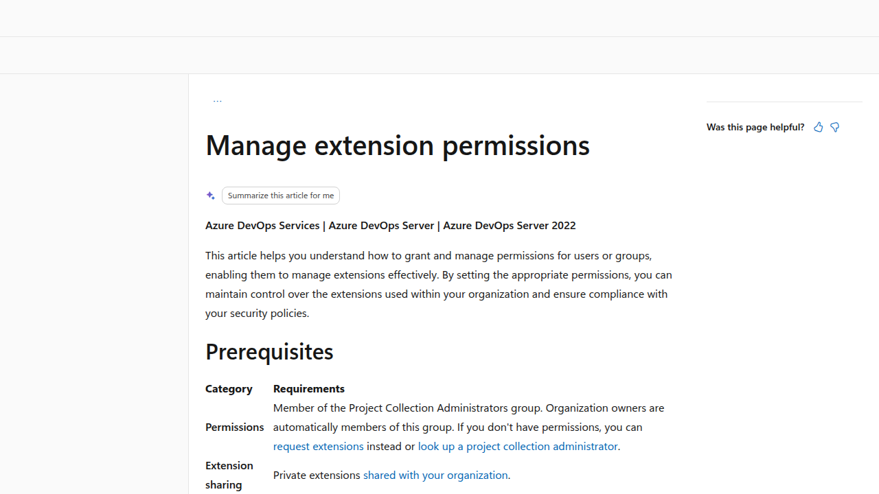 A view of the Azure DevOps interface where users can manage and review permissions granted to installed extensions.
