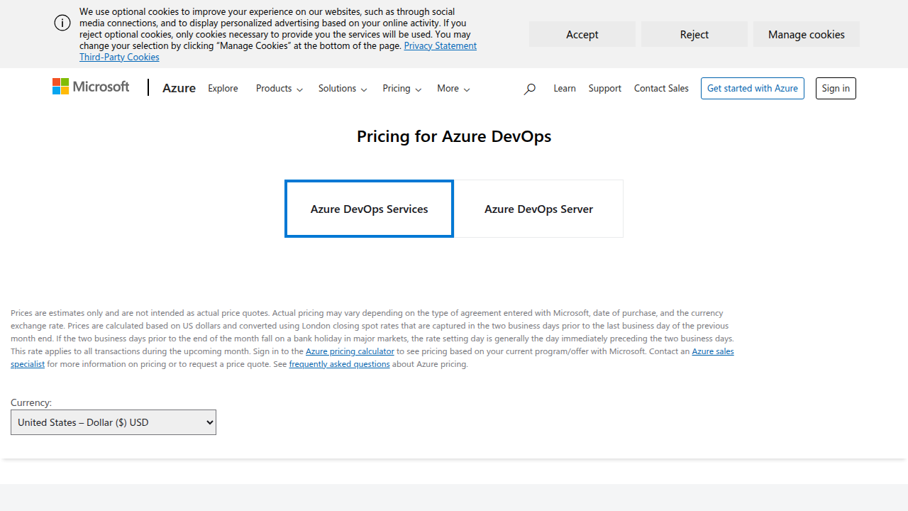 The official pricing page for Azure DevOps services, highlighting different tiers and associated costs.