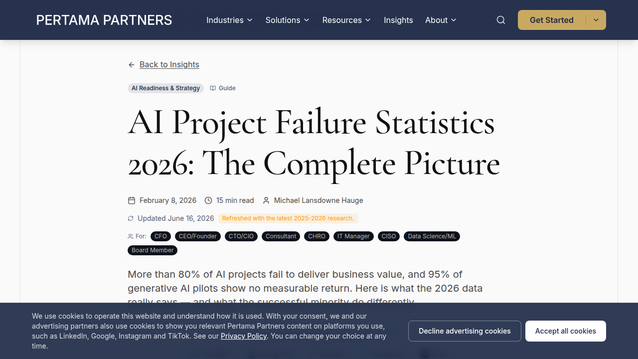 A screenshot of a report detailing statistics on AI project failures in 2026.