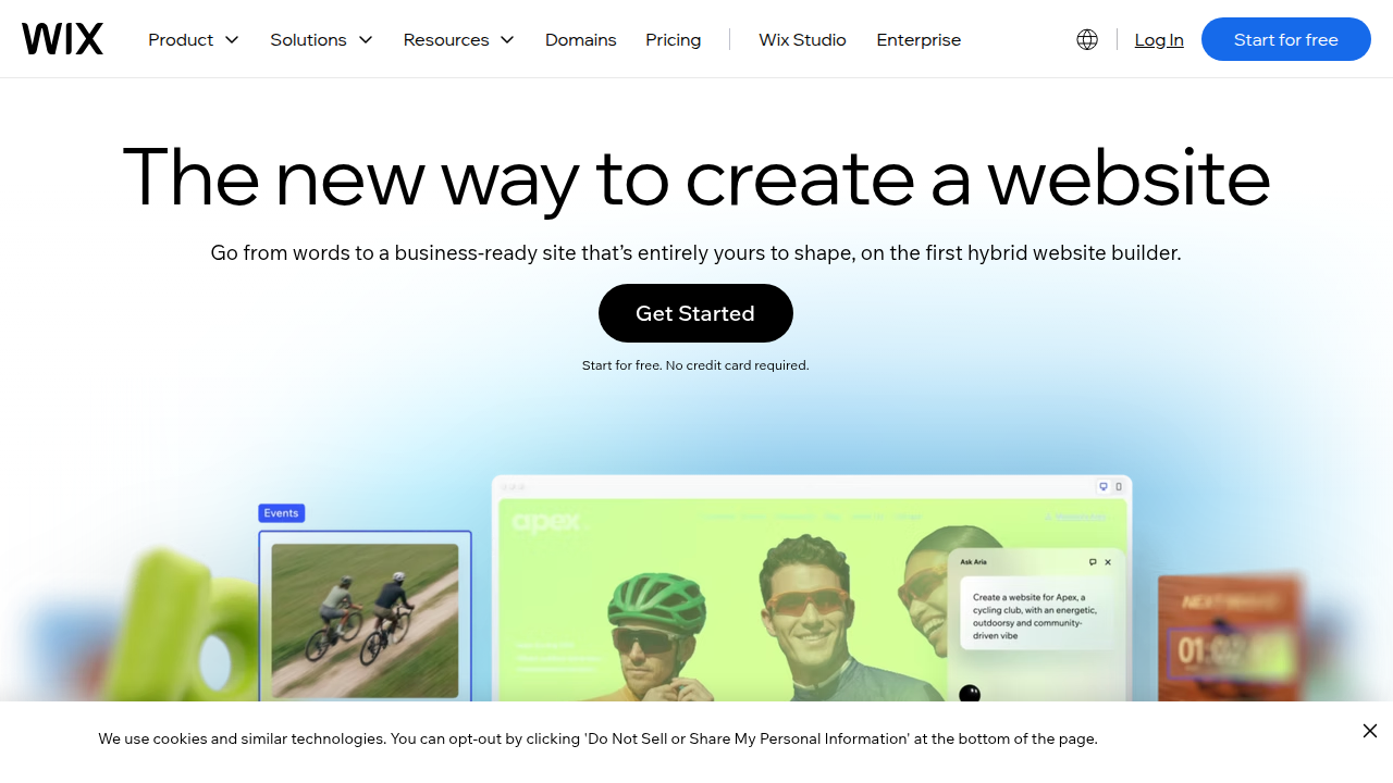 A screenshot of the Wix.com homepage, highlighting the platform's visual website building capabilities.