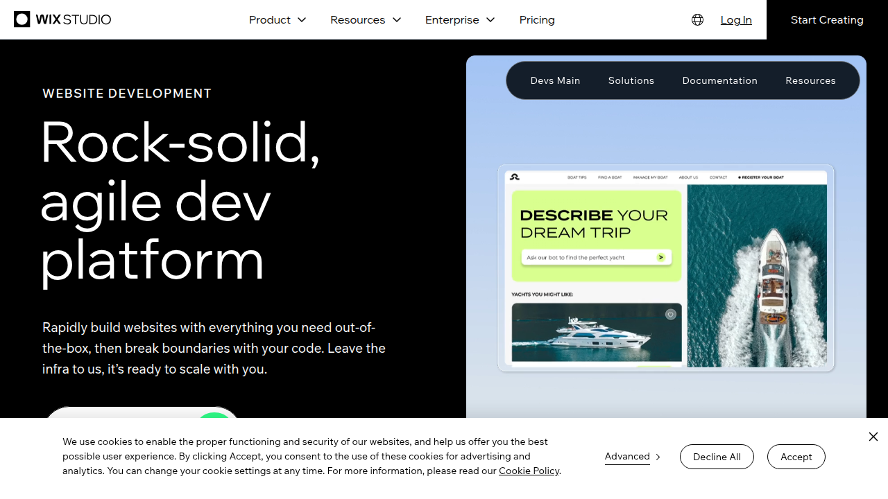 A screenshot of the official Velo by Wix platform page, showcasing its capabilities for advanced coding and customization.
