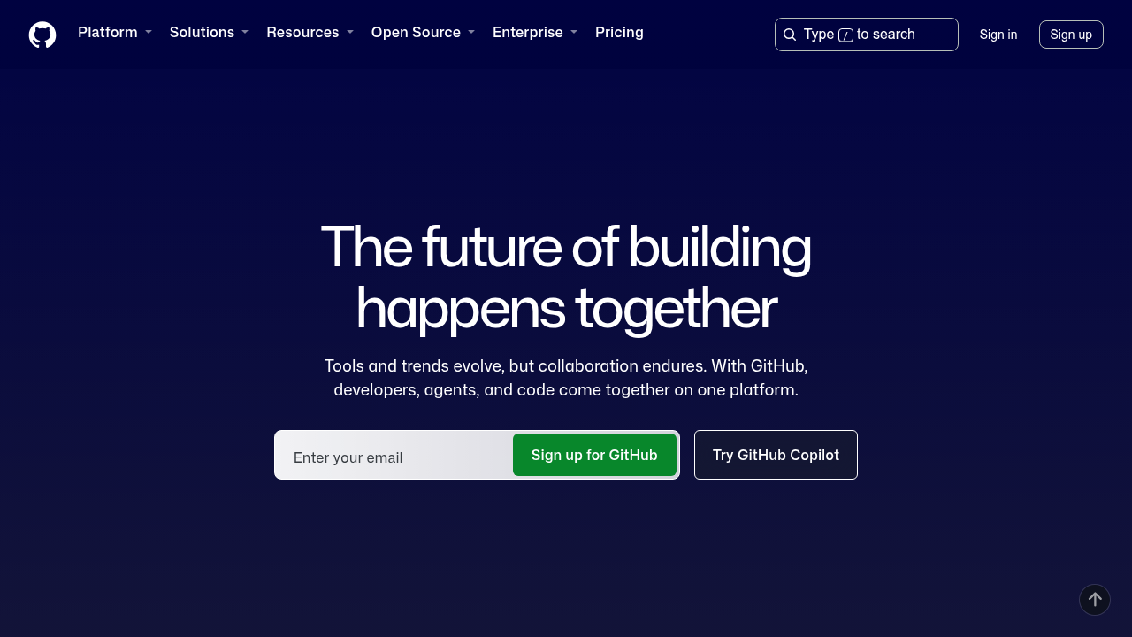 A screenshot of the GitHub homepage, representing its role in source control and collaboration for developers.