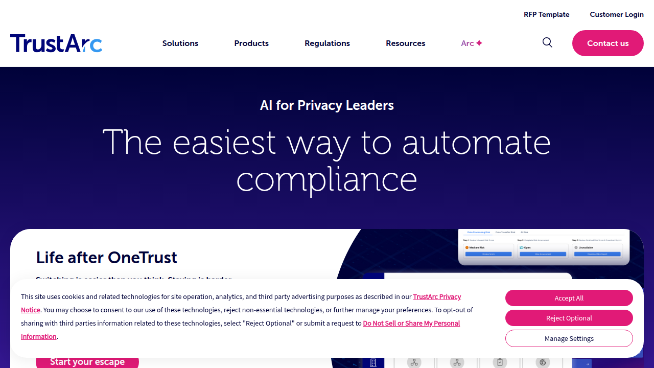 Screenshot of TrustArc's website, focusing on data privacy landscape and strategic roadmap.