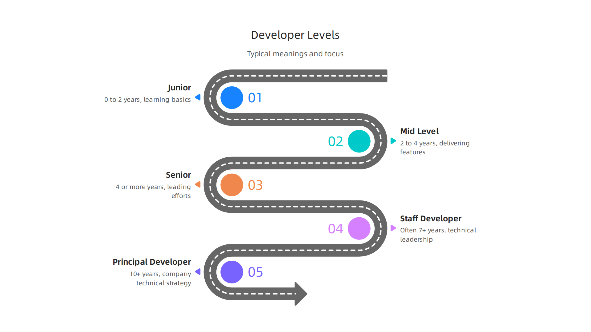 An overview of common developer levels, outlining their typical experience ranges and primary focus areas.